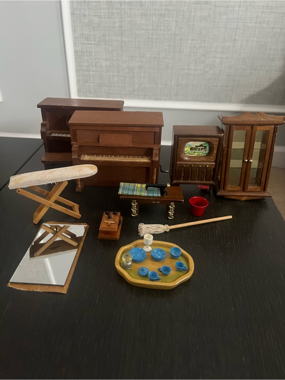 Vintage Wooden Dollhouse Furniture from the 1970’s Pianos, Sewing Machine, TV +